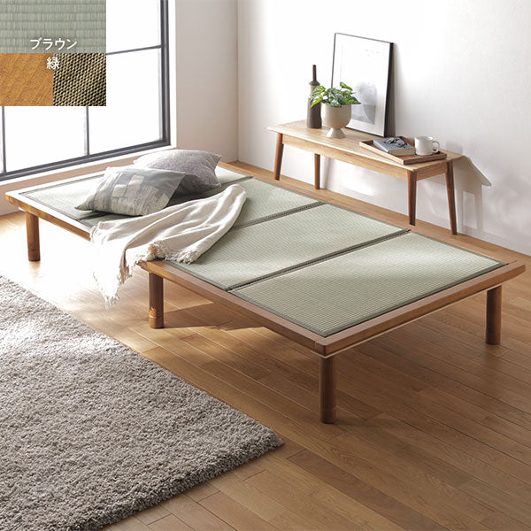 い草畳 すのこベッド 畳マット付き 天然木 3段階高さ調整 シングルサイズ・ブラウン×緑