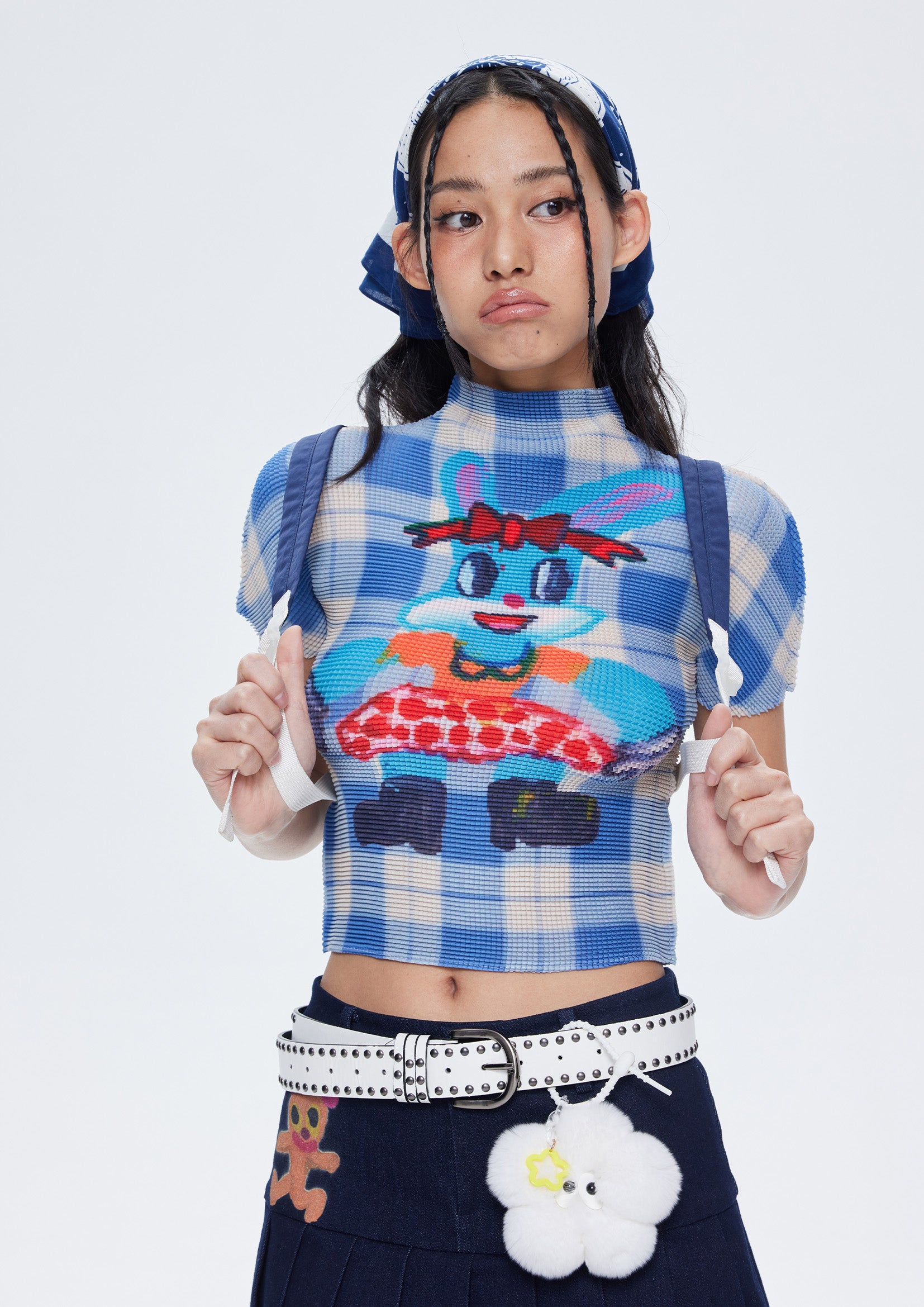 Blue bunny crinkle stretch crop tee - blue plaid