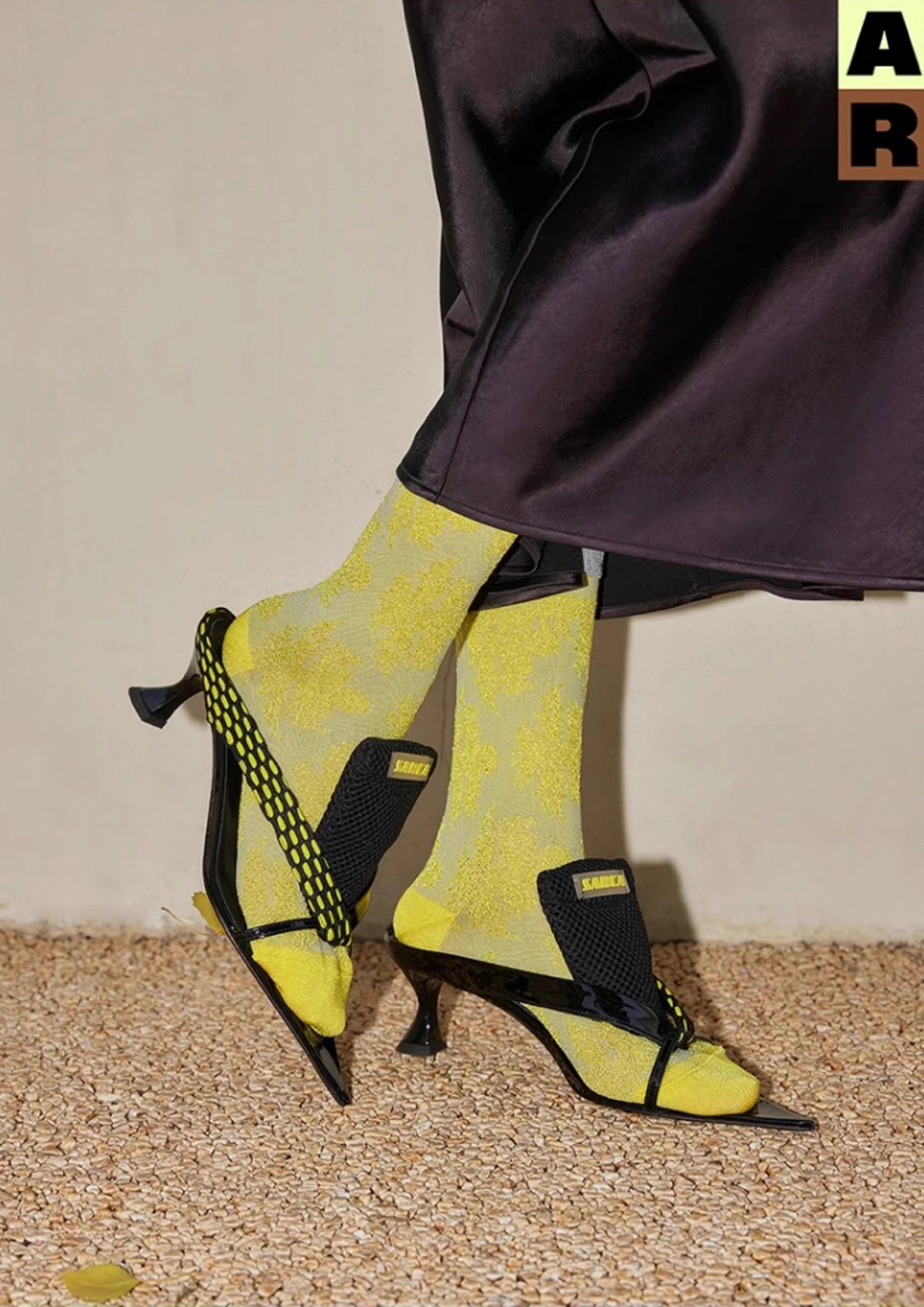 Lace jacquard mid-calf sock - yellow