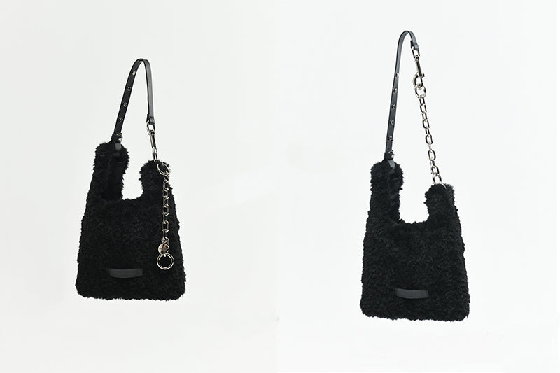 Faux fur mini tote bag - black with adjustable shoulder strap