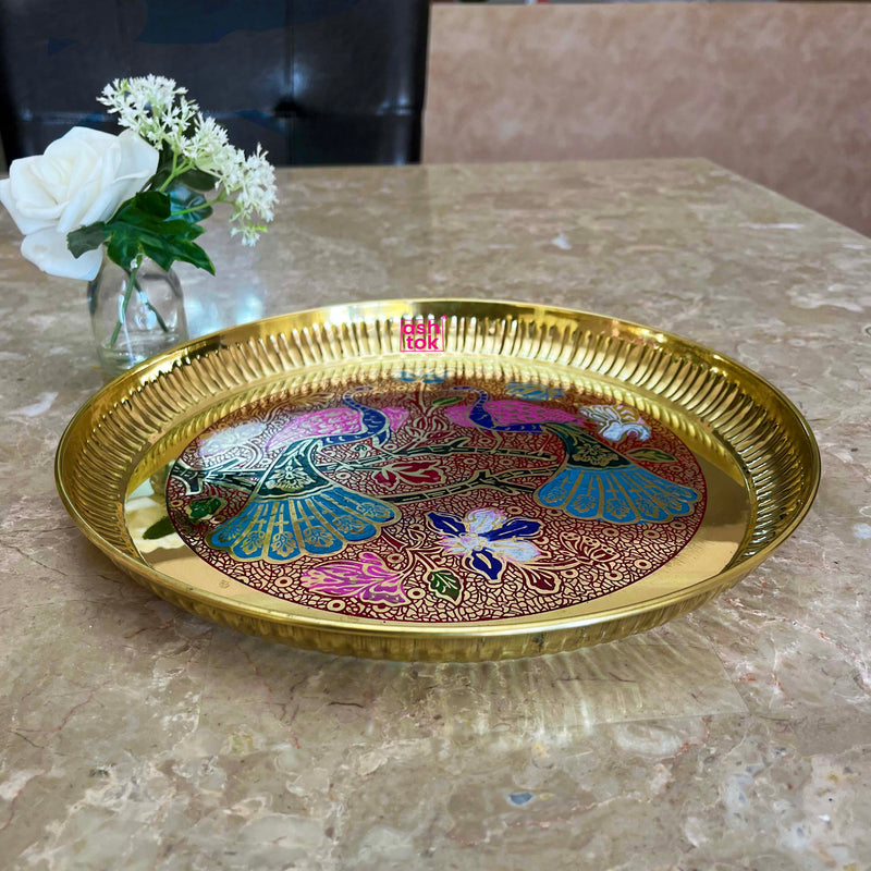 Gift Item, Brass Plate for Pooja Engraved Printed Peacock Design Insid –  Ashtok