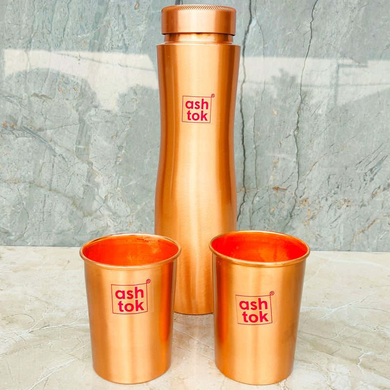 Pure Copper Drinkware Water Bottle Gift Set 1 Bottle & 2 Glass Leak Pr –  Tradify