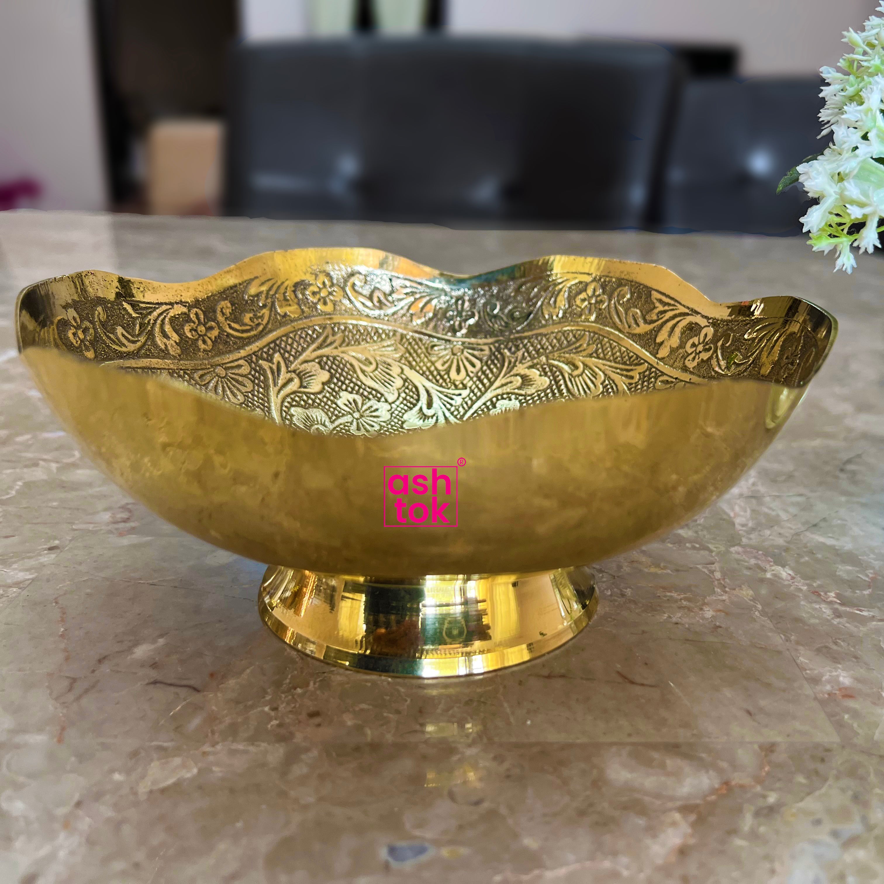 Small Vintage Etched Painted Brass Bowl with Peacock Design, Made