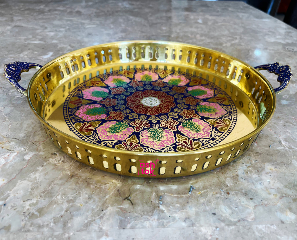 KBB Brass Tray MUGHAL Etching for Serving and for Salad and Rice