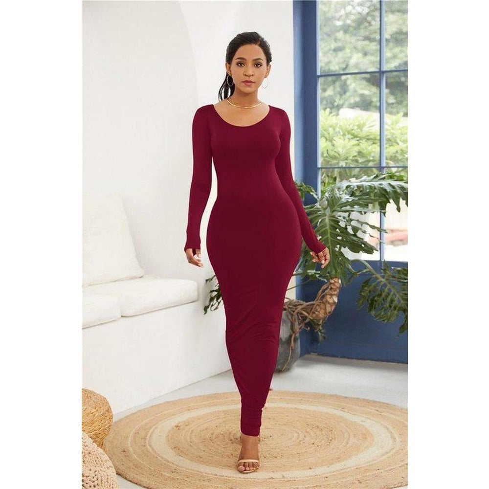 GOTCHA LARGE Long Sleeve O Neck Solid Slim Long Dress Casual Simple High Stretchy Bodycon Package Hip Maxi Dress