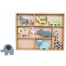 Load image into Gallery viewer, JaBaDaBaDo Wooden Animal Display Shelf With 9 Different Safari Animals | Wooden Imaginative Play Toy | Front View – Elephant off Shelf | BeoVERDE.ie