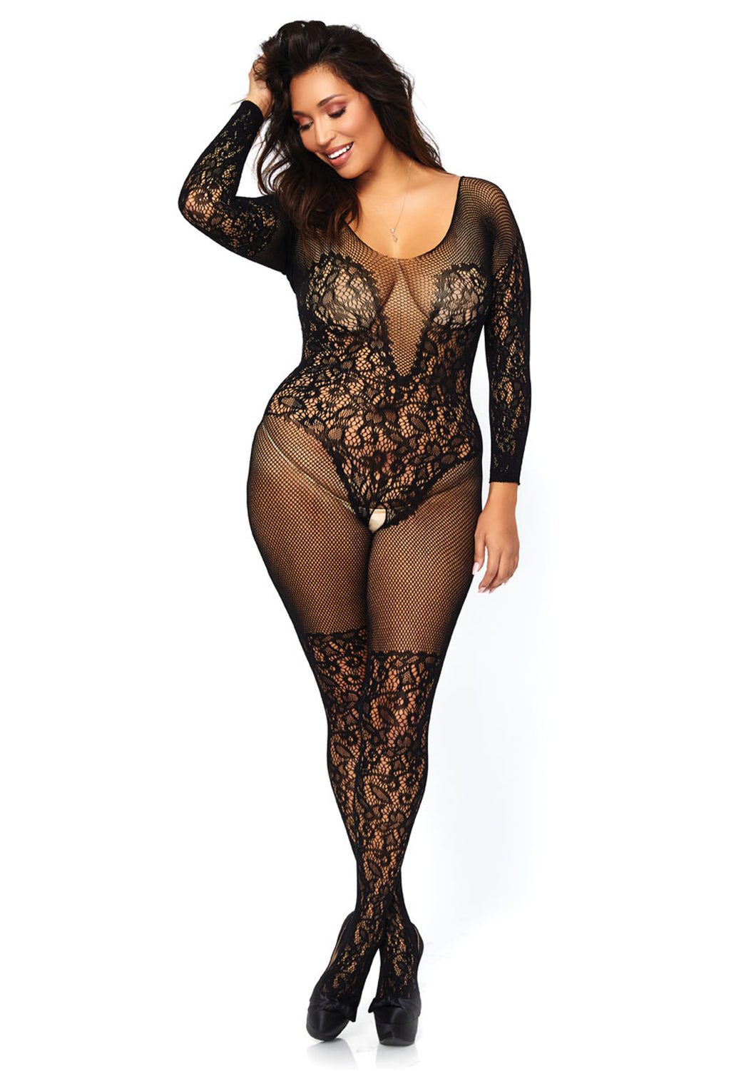 Black Sapphire Vine Lace and Net Long Sleeved Bodystocking