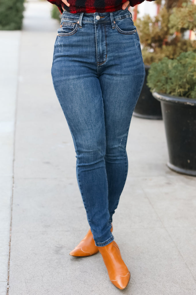 Feeling Bold Dark Blue Denim High Rise Skinny Ankle Jeans – Lily & Grace  Clothing