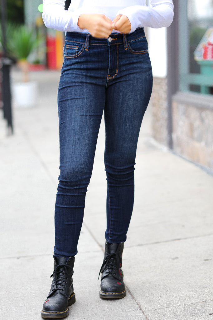 Feeling Bold Dark Blue Denim High Rise Skinny Ankle Jeans – Lily & Grace  Clothing