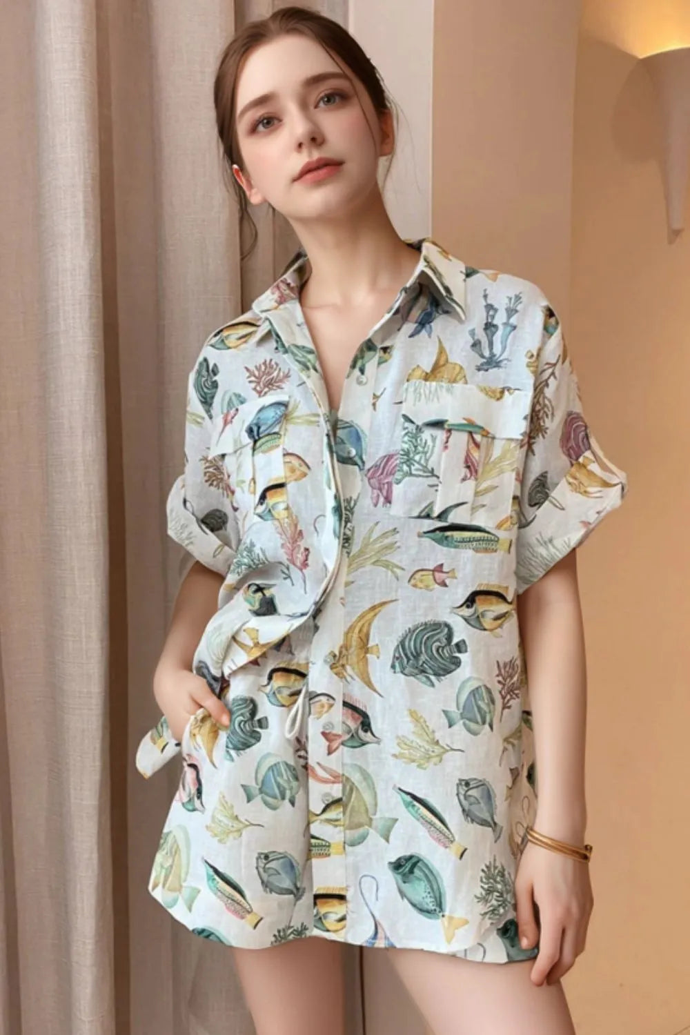 Tropical Print Oversized Button-Up Shirt and Shorts Set