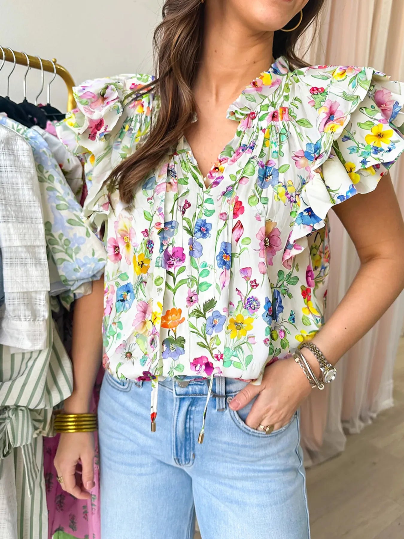 Floral Print Ruffle Layered Short Sleeve Blouse