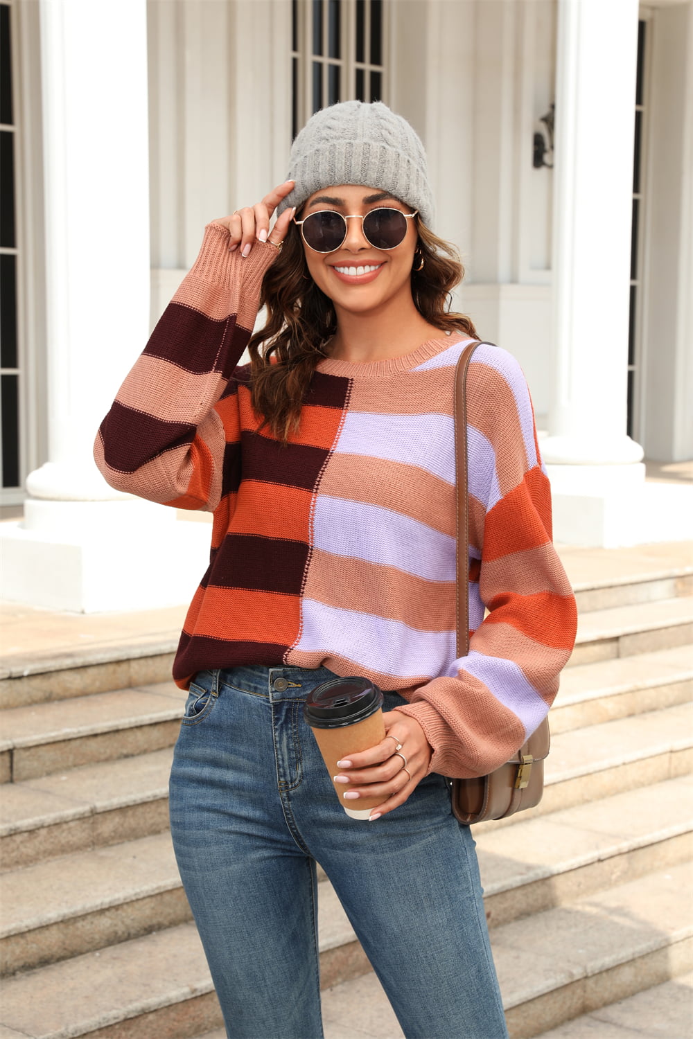 Round Neck Long Sleeve Color Block Dropped Shoulder Pullover Sweater