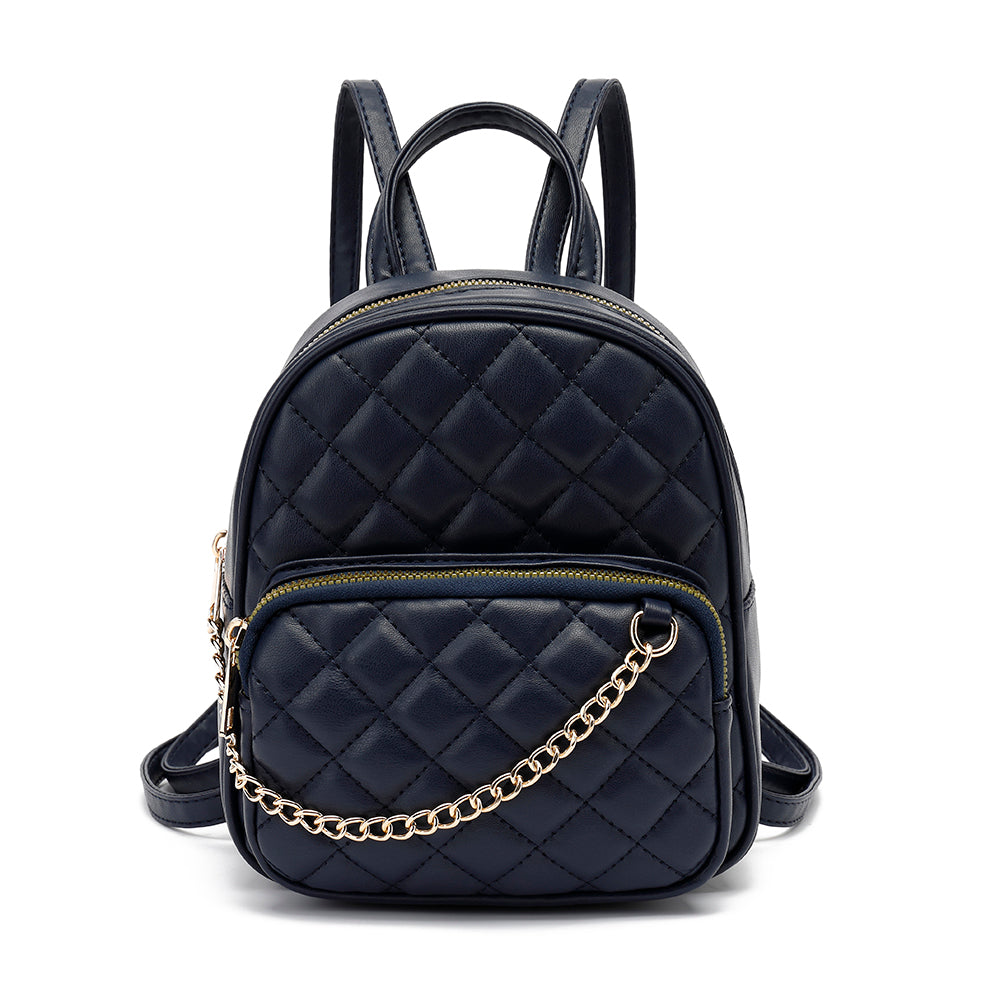 Charming Charlie Quilted Small Backpack With Chain Detail And Front Zip Pocket Ring in Blue Dark
