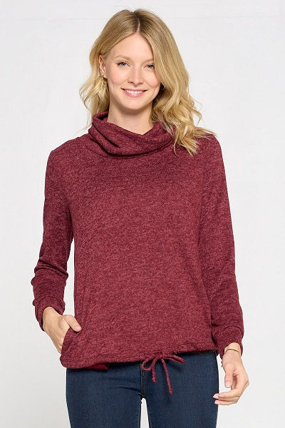 Charming Charlie Long Sleeve Hacci Knit Cowl Neck Top With Tie Bottom in Wine, Size XS