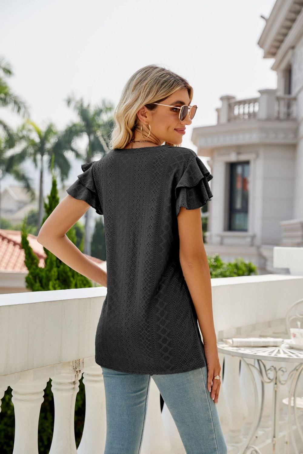 Eyelet Layered Flutter V-Neck Top – Charlie