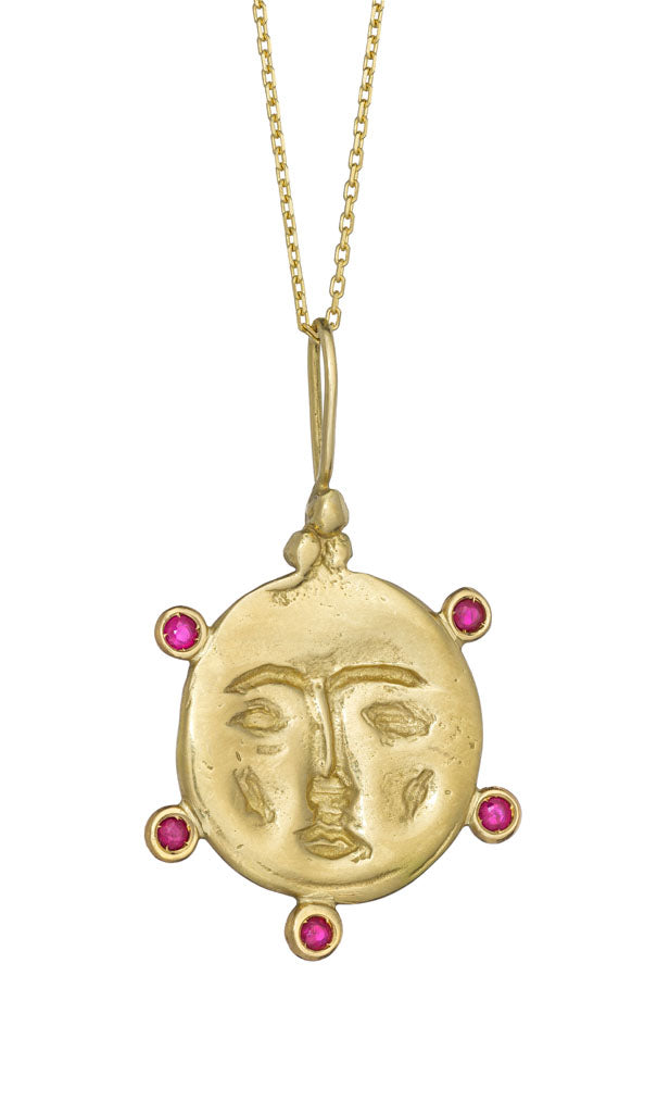 Image of Ruby Moon Face Pendant - Solid Gold