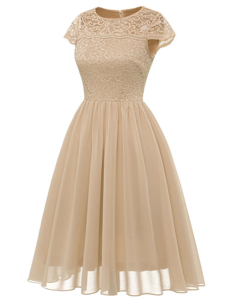 Women's Short Floral Lace Chiffon A-line Bridesmaid Dress Swing Dress –  Berylove