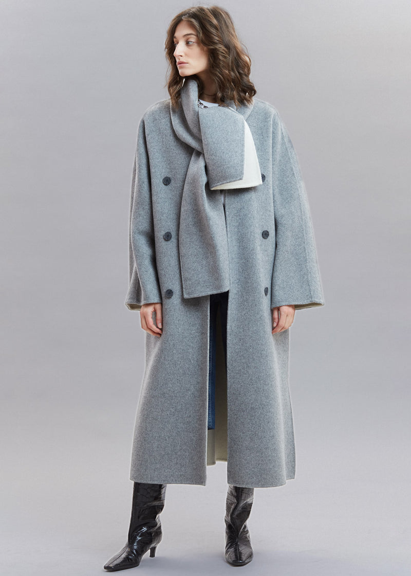 Inner Contrast Collarless Wool Coat with Scarf in Heather Grey ...