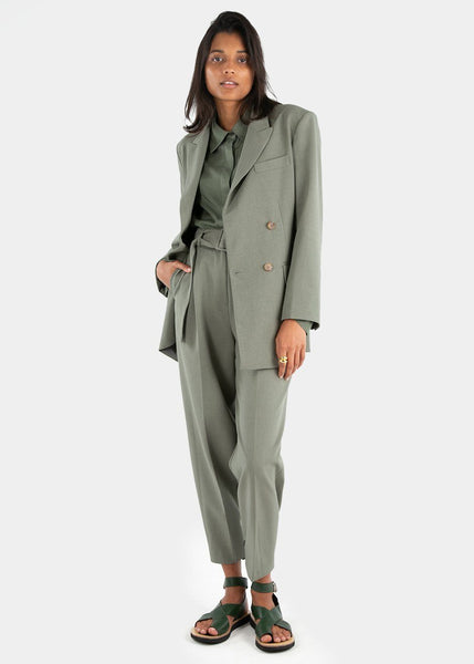 Elvira Belted Suit Pants with Button Tab Cuff in Khaki Green – Frankie ...