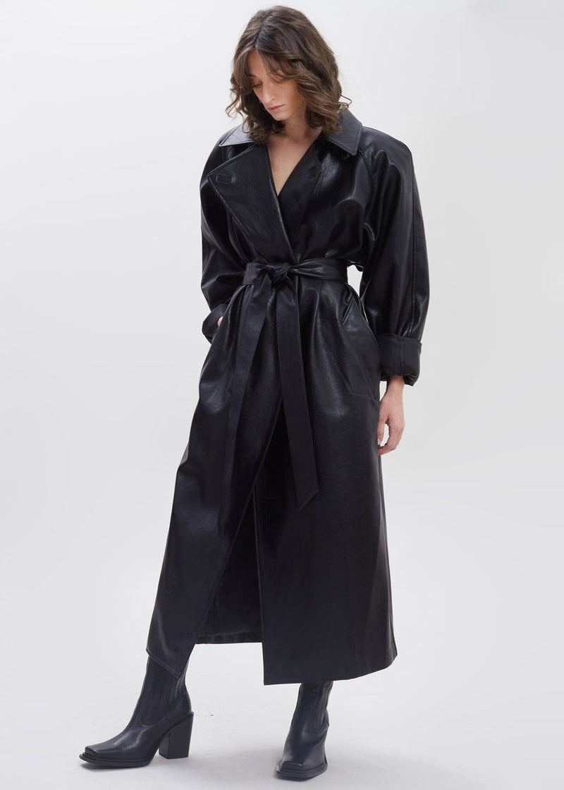 Oversized Box Shoulder Faux Leather Trench- Black – Frankie Shop Europe