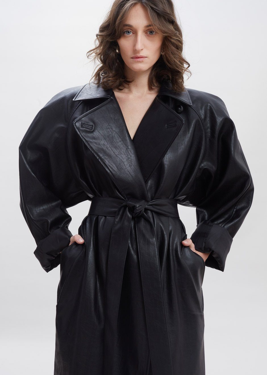 Oversized Box Shoulder Faux Leather Trench- Black – Frankie Shop Europe