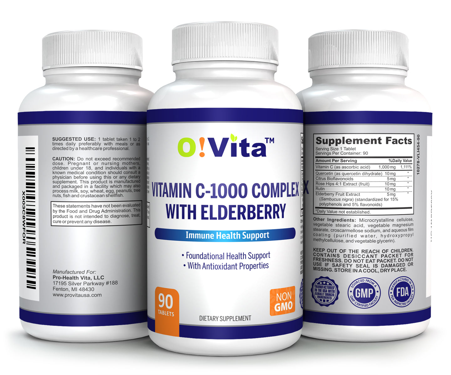 O!VITA Vitamin C-1000 Complex with Elderberry (Sambucus Nigra), 90 Vegan Tablets