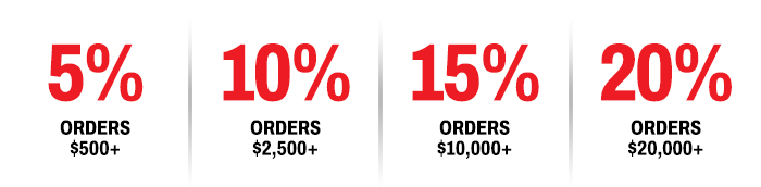 5% off $500+, 10% off $2,500+, 15% off $10,000+, 20% off $20,000+