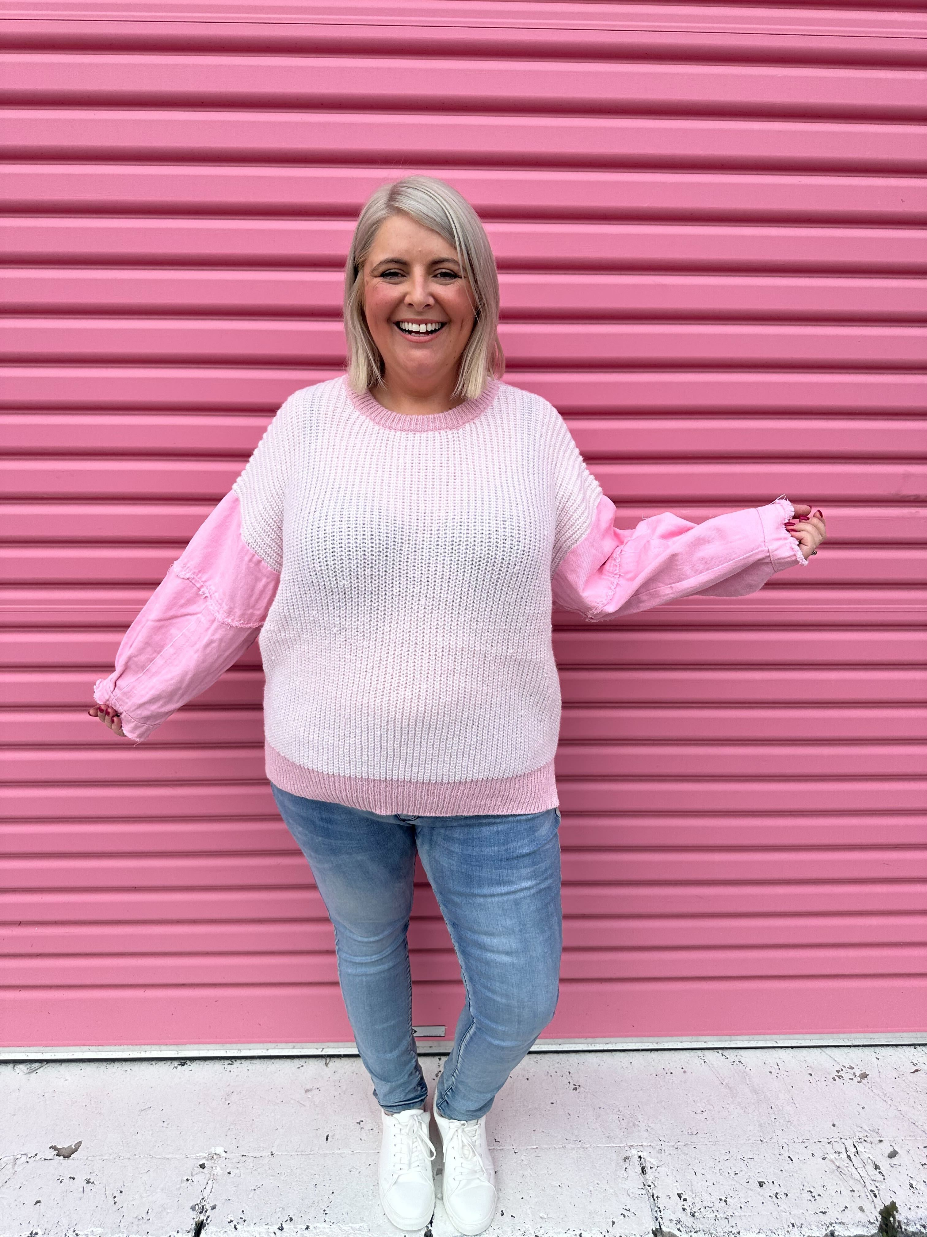 Vayla Denim Patchwork Pink Knit Jumper by Worthier