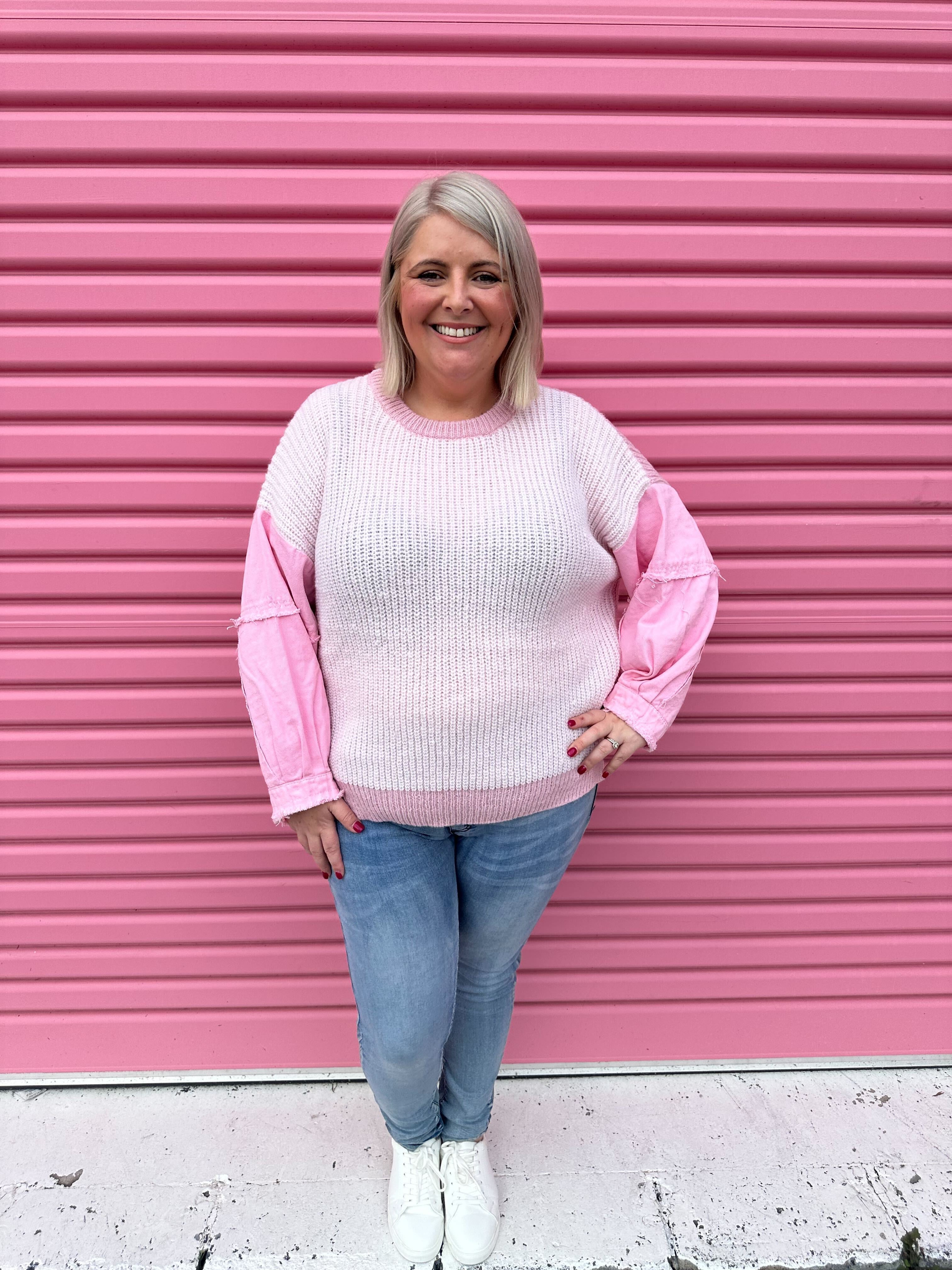 Vayla Denim Patchwork Pink Knit Jumper by Worthier