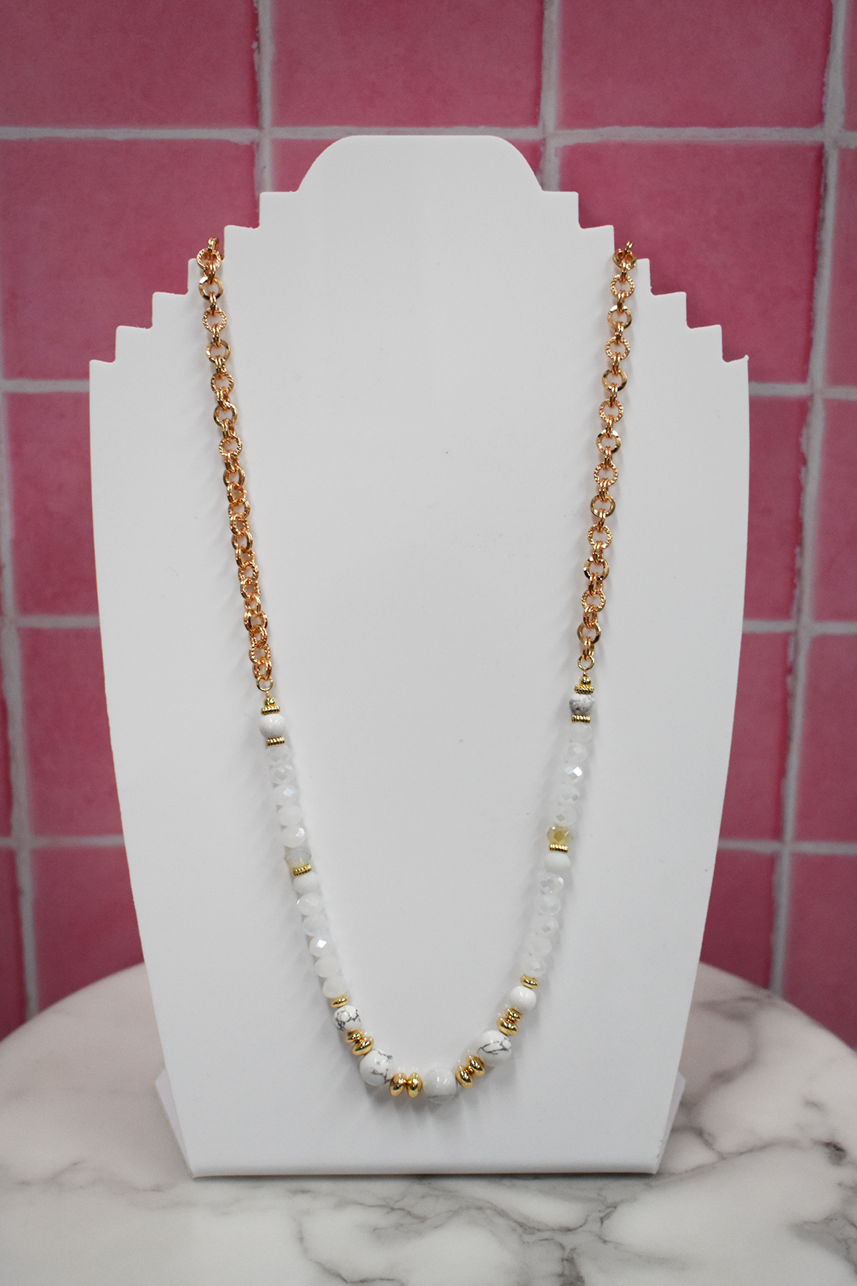 Long Bead and Chain Necklace in White