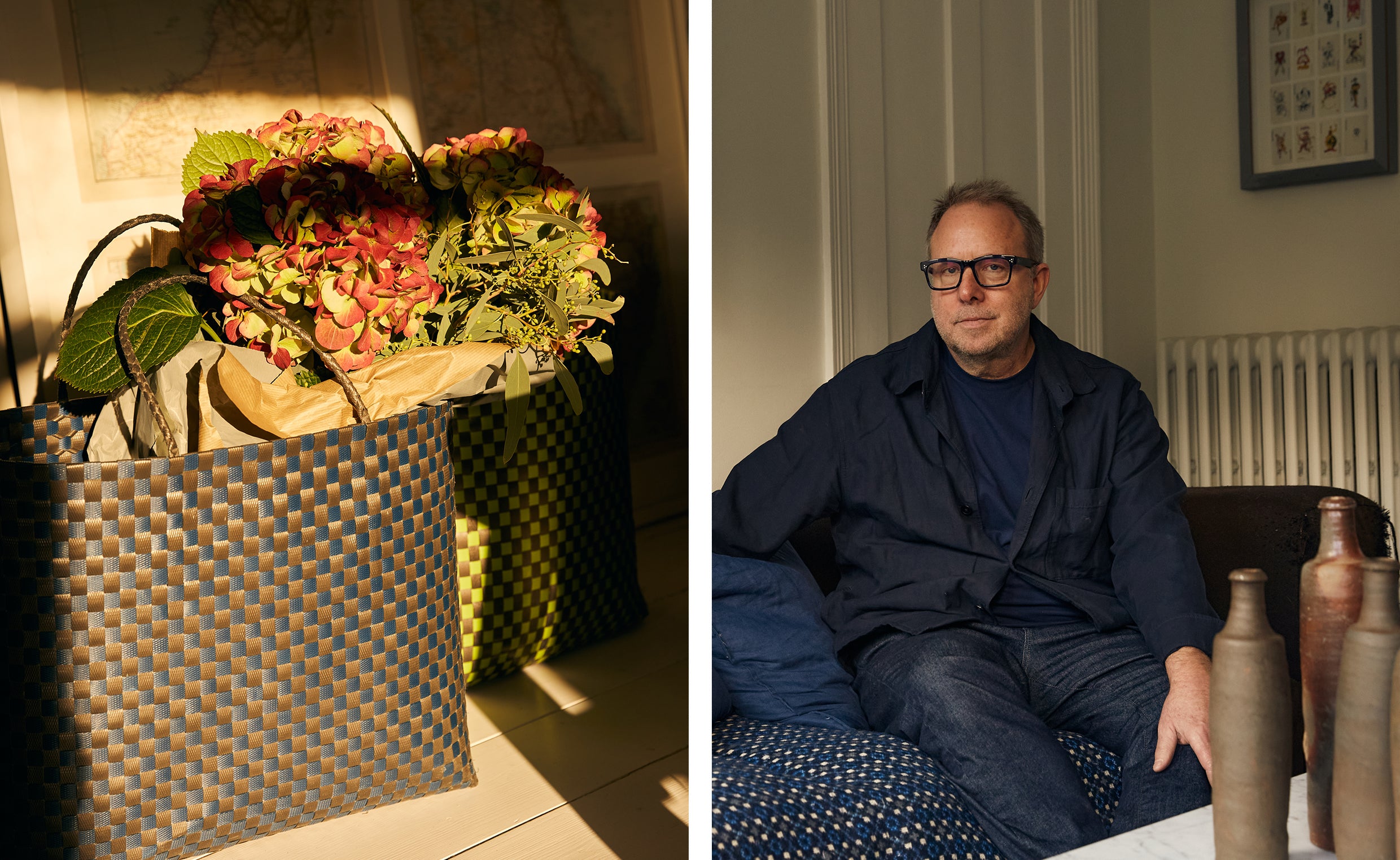 Bag on chair with flowers. Man sitting on sofa.