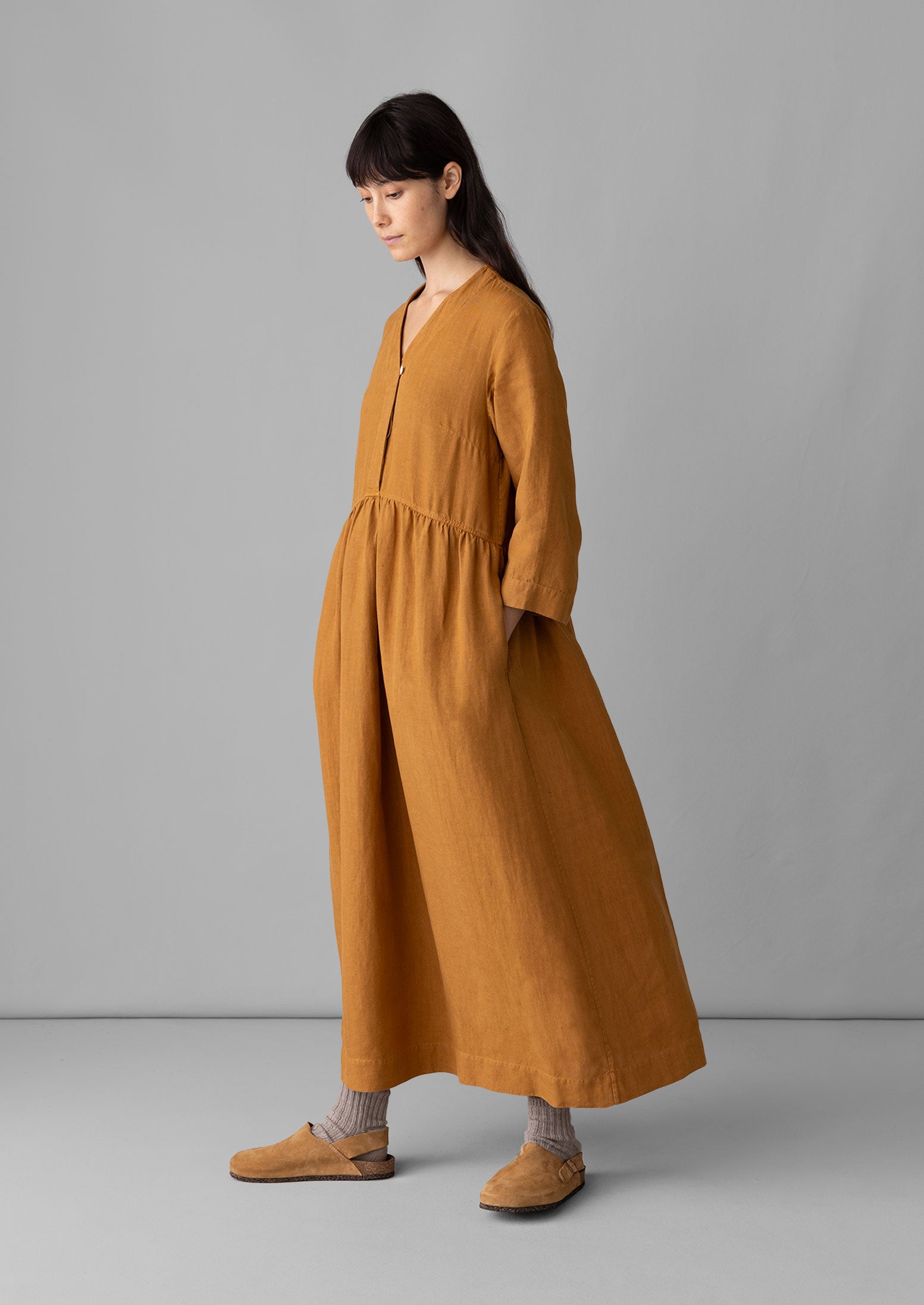 V-Neck Garment Dyed Linen Dress | Caramel