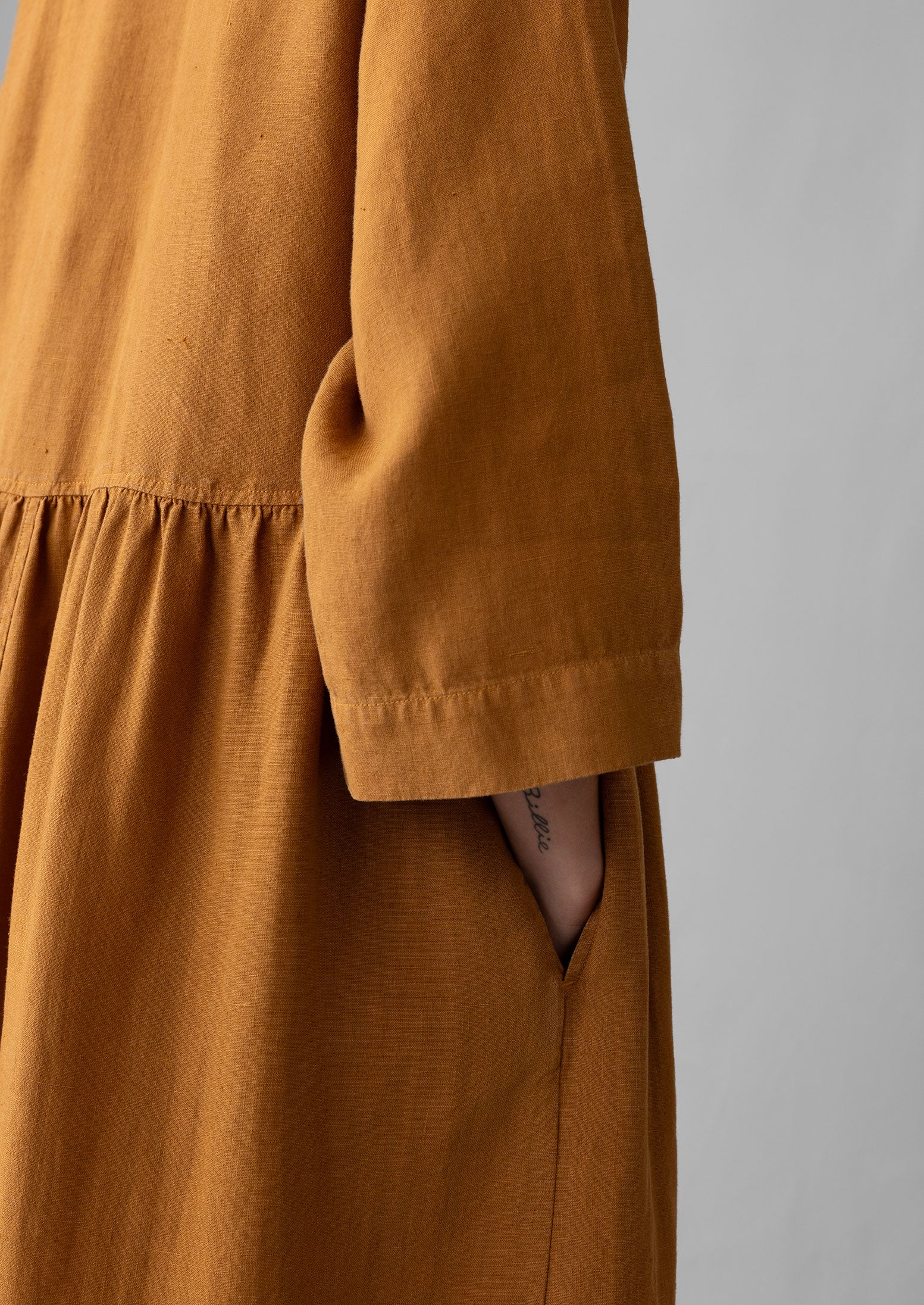 V-Neck Garment Dyed Linen Dress | Caramel