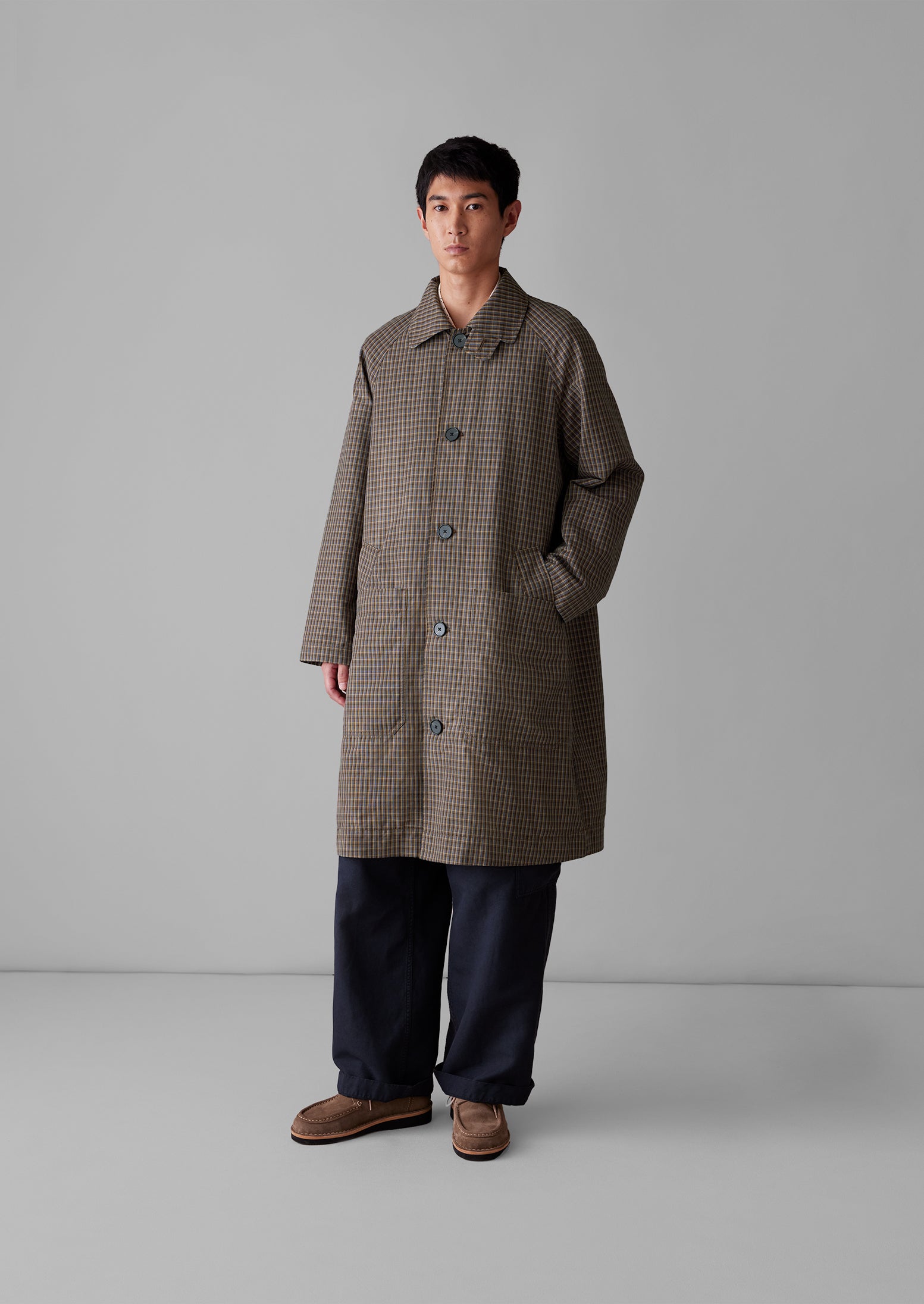 Box Pleat Cotton Linen Trench | Blue/Brown