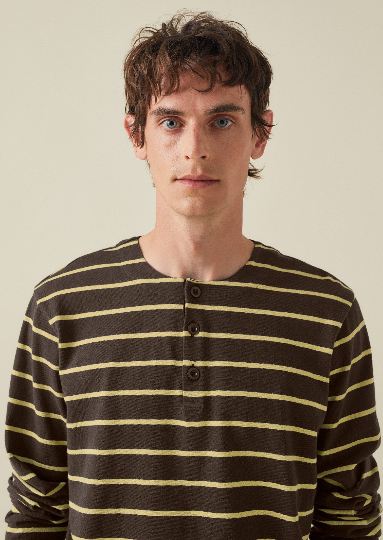 Stripe Organic Cotton Henley Tee | Charcoal/Yellow