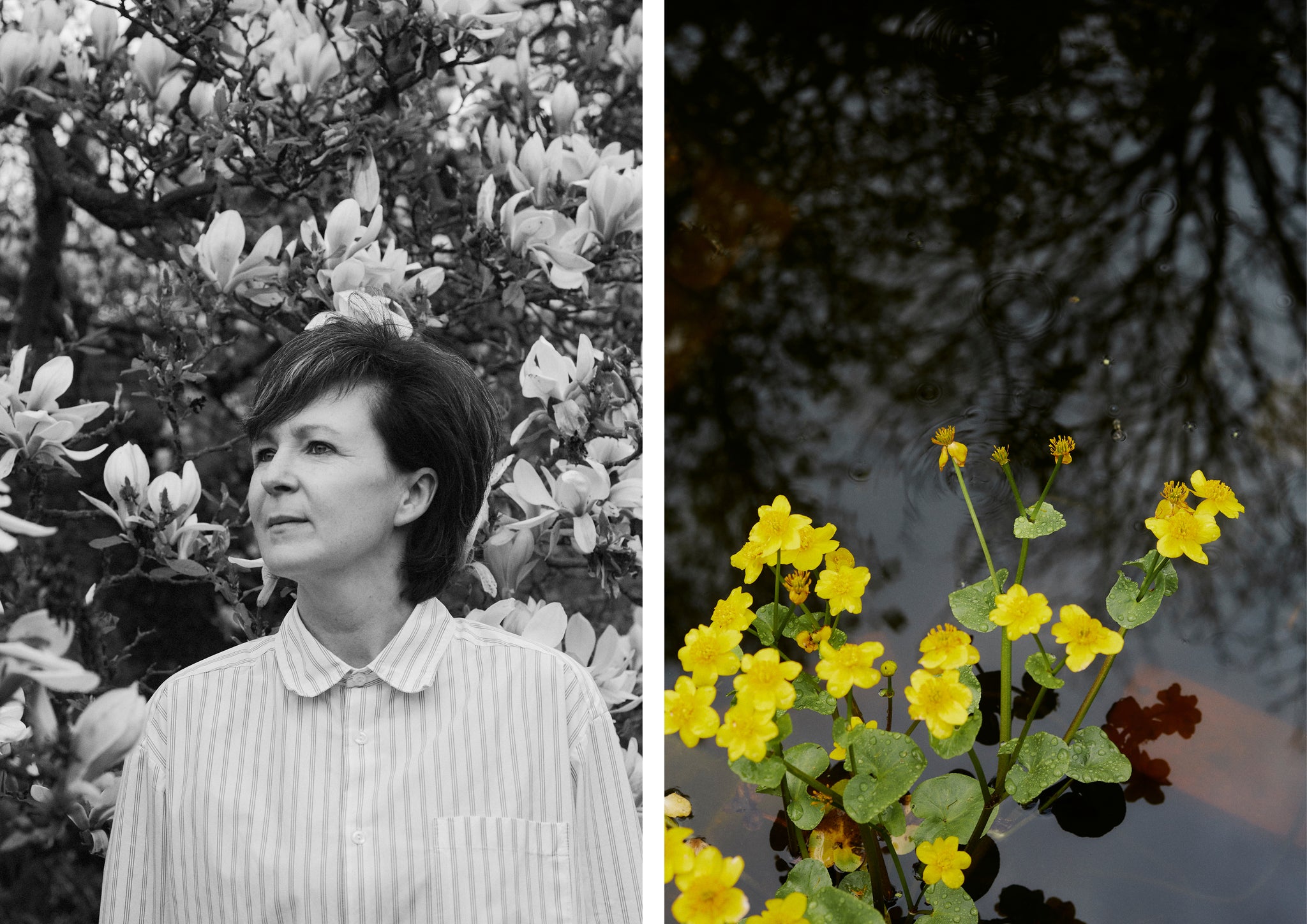 Female author in a garden with flowers