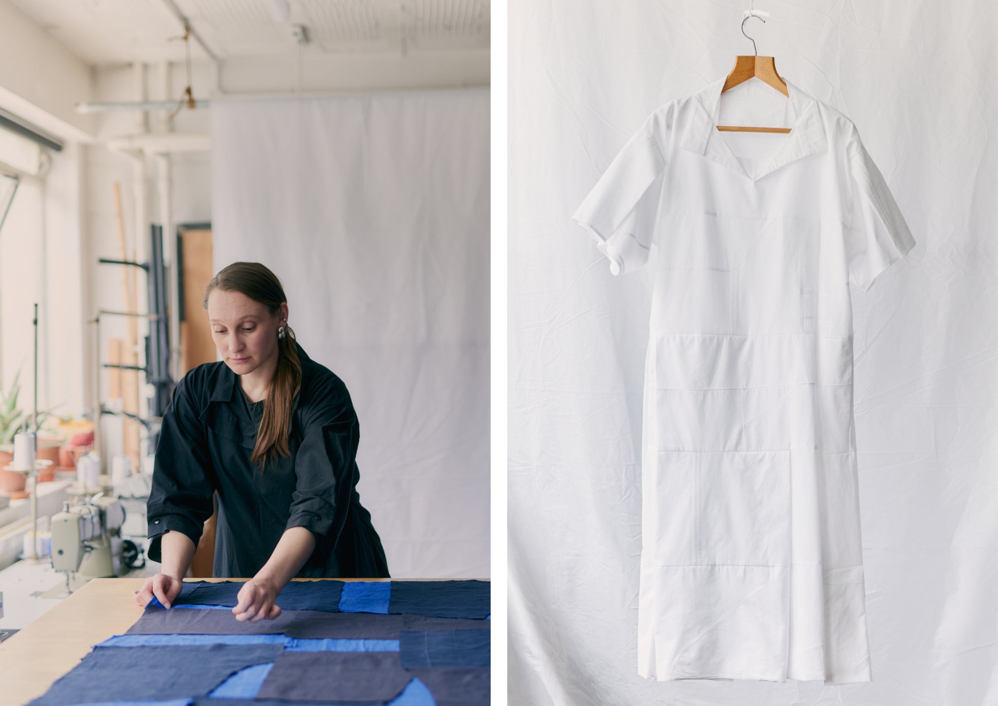 Fashion designer at work and a white dress