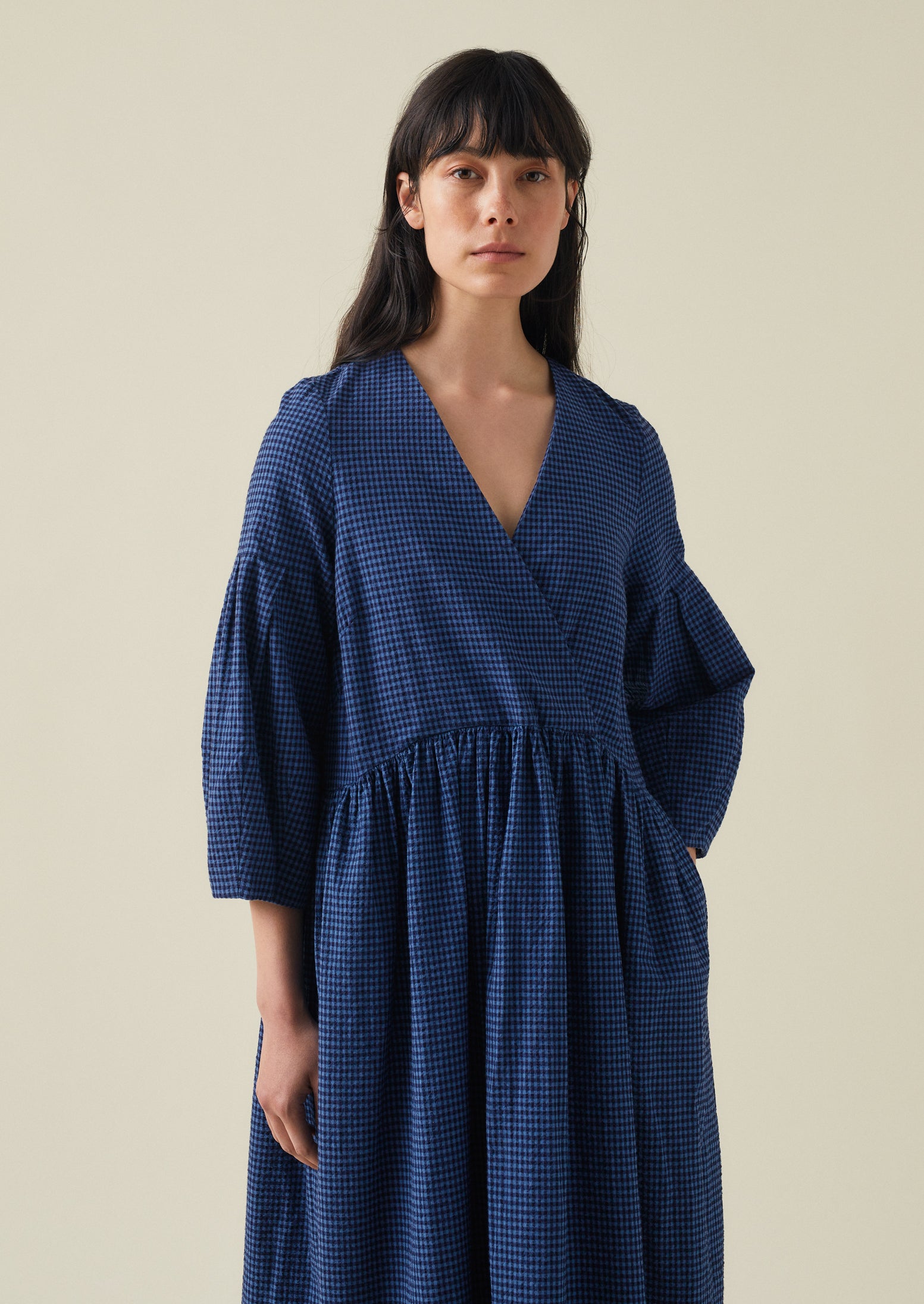 Cross Front Gingham Seersucker Dress | Navy