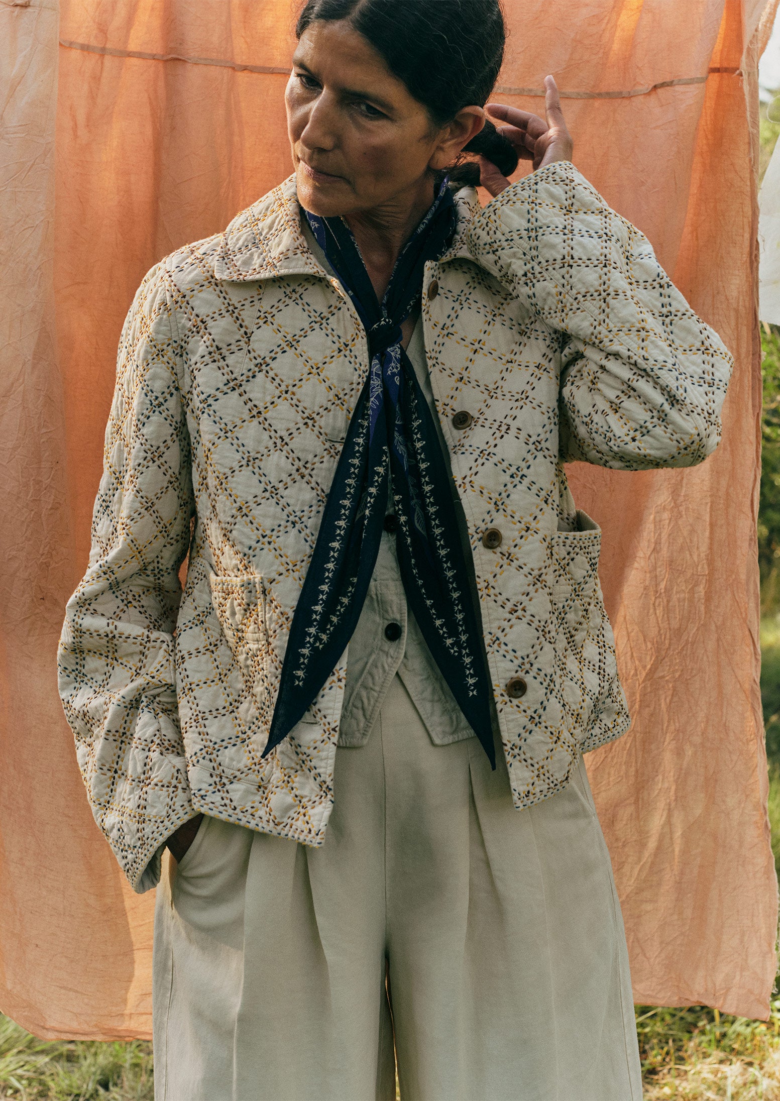 Hand Stitched Check Cotton Jacket | Ecru/Multi