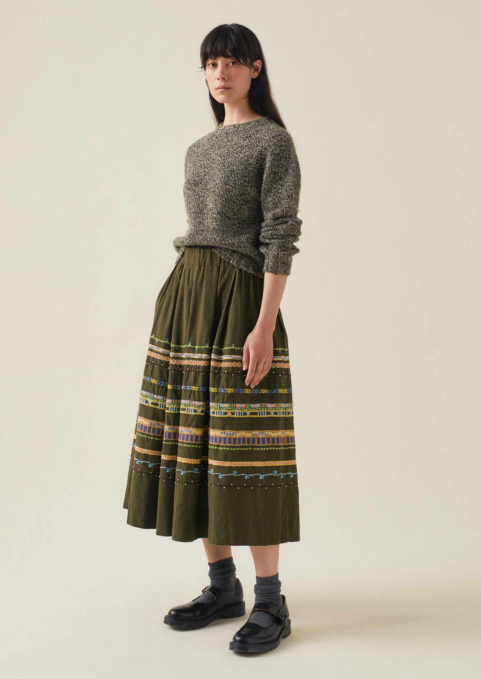 Embroidered Textured Cotton Skirt | Tent Green