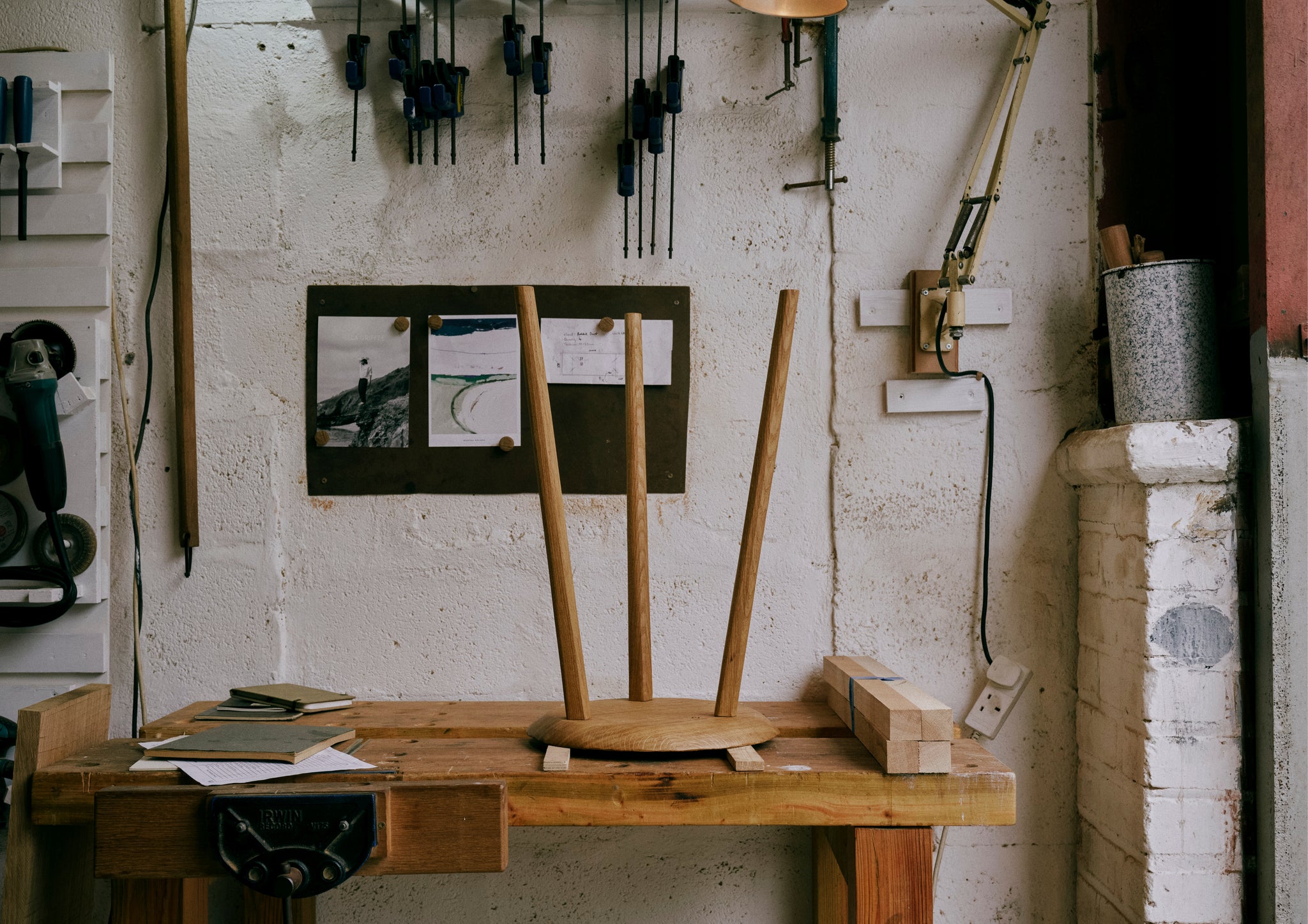 Upside down stool in workshop