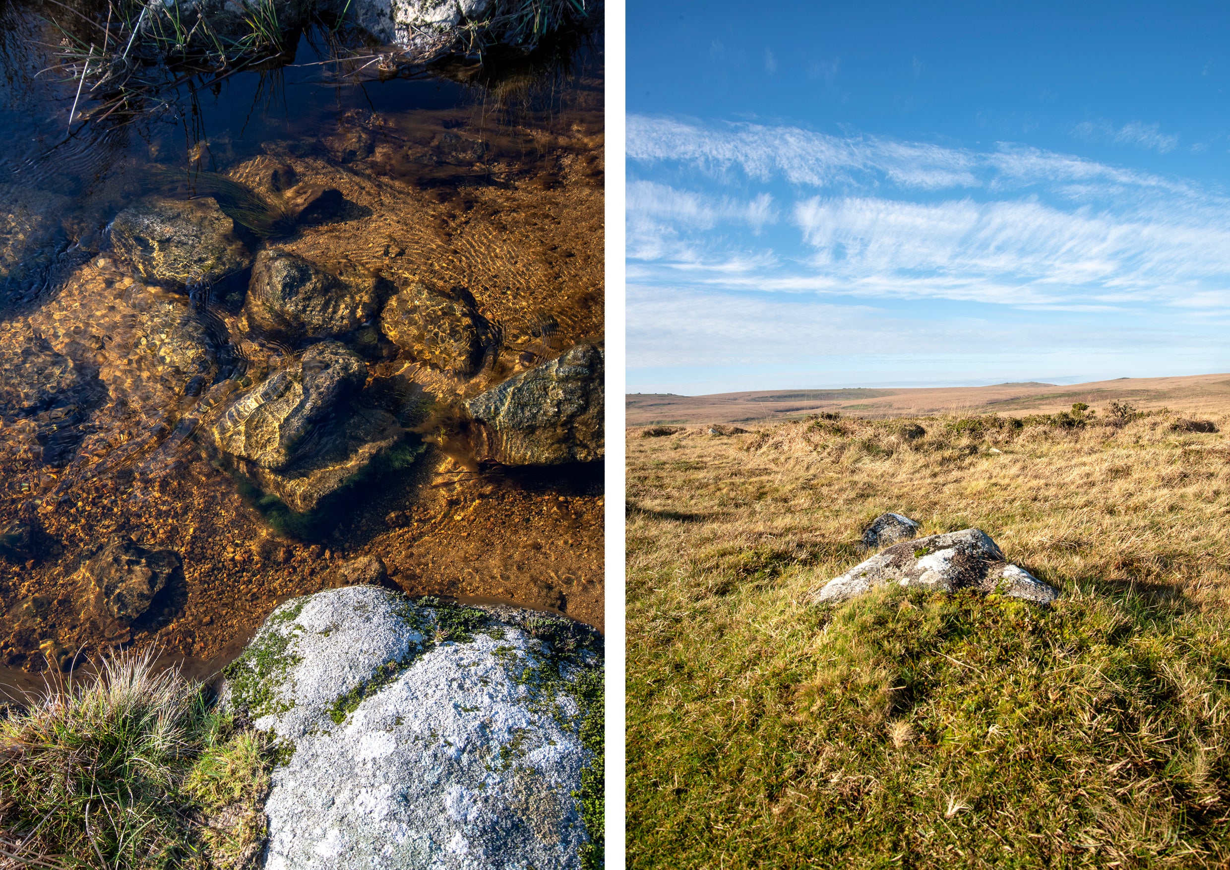 A clear stream and stoney grassy area of Dartmoor