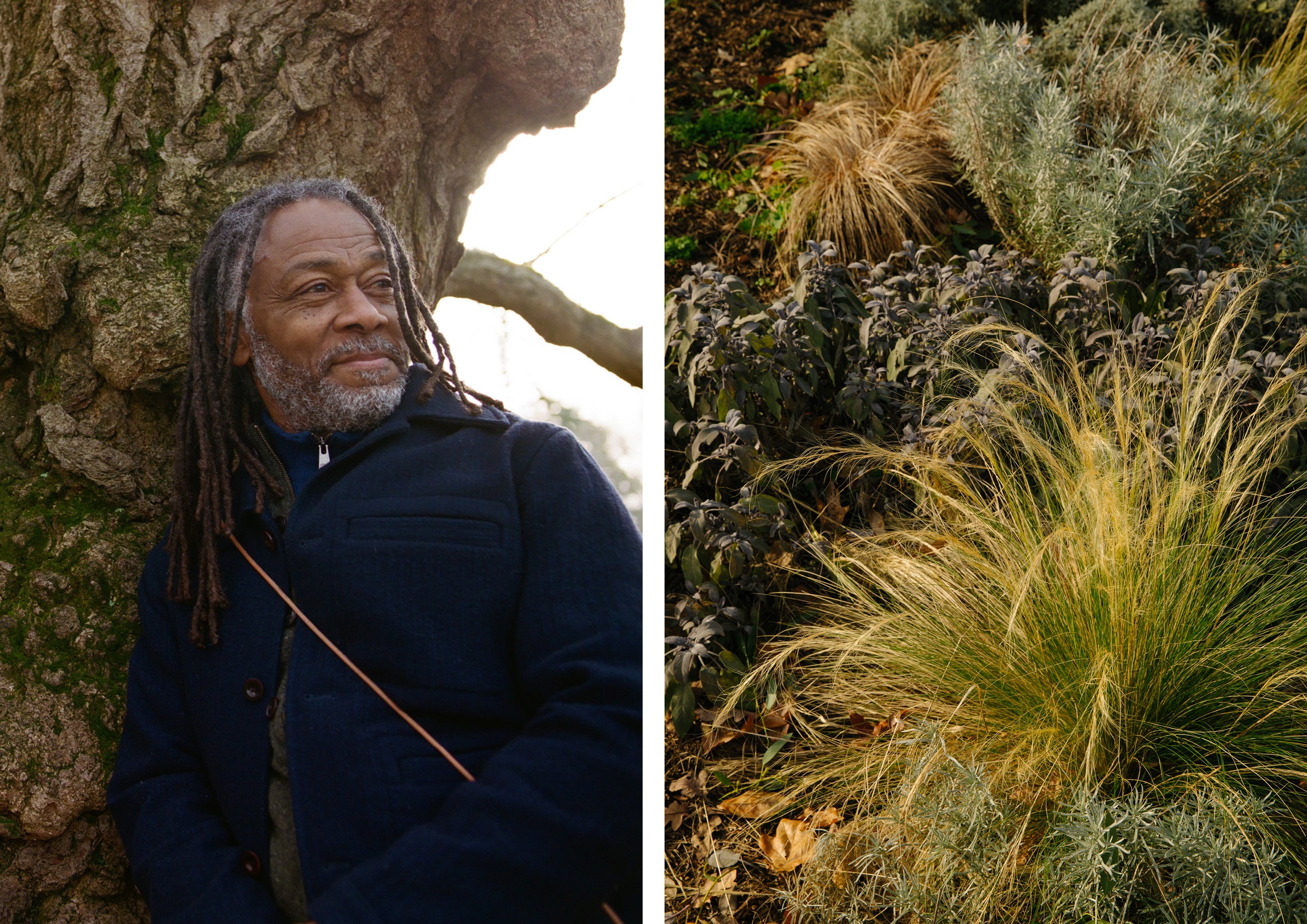 A man stood against a tree