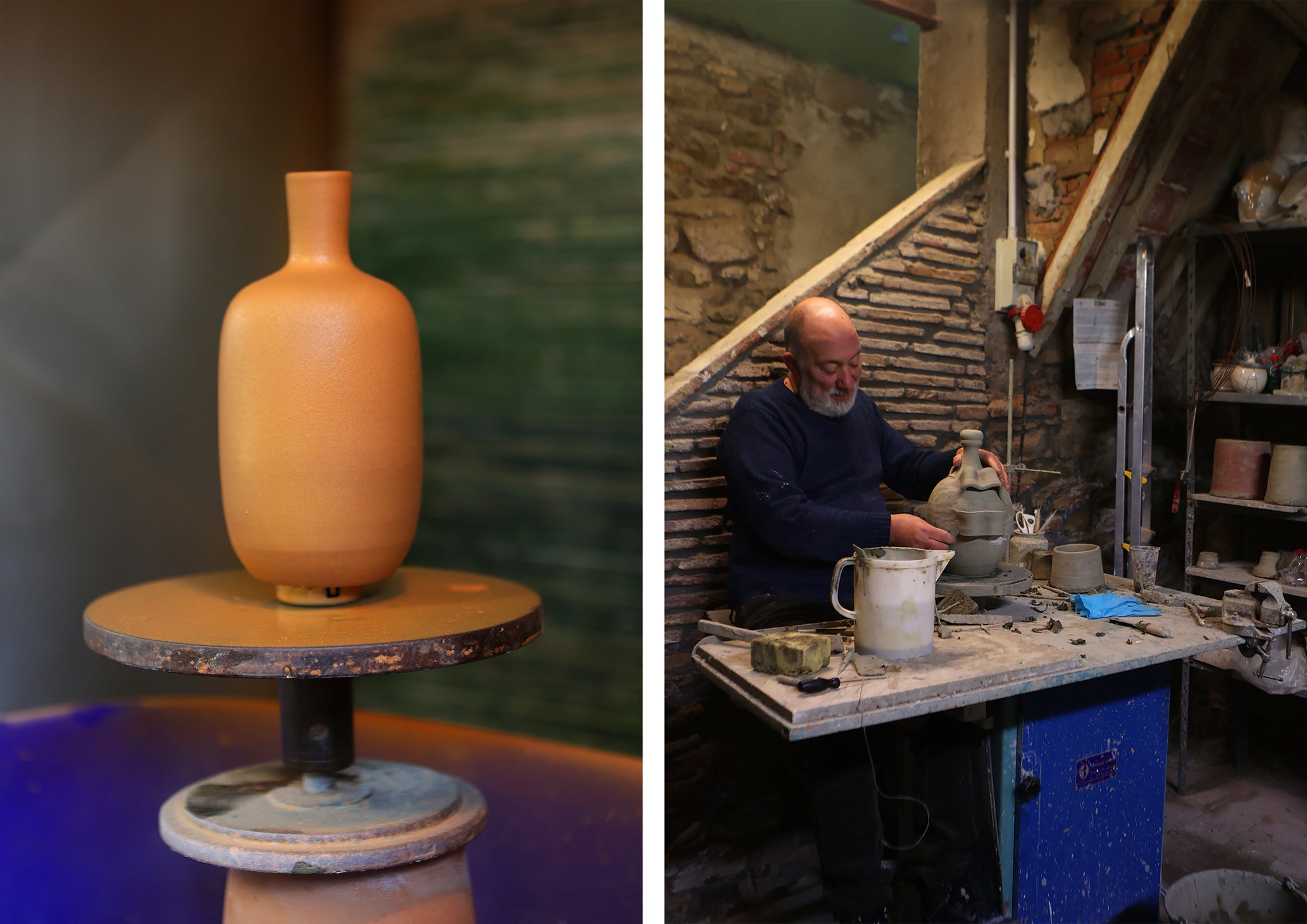 A terracotta ceramic pot on a wheel in a pottery studio