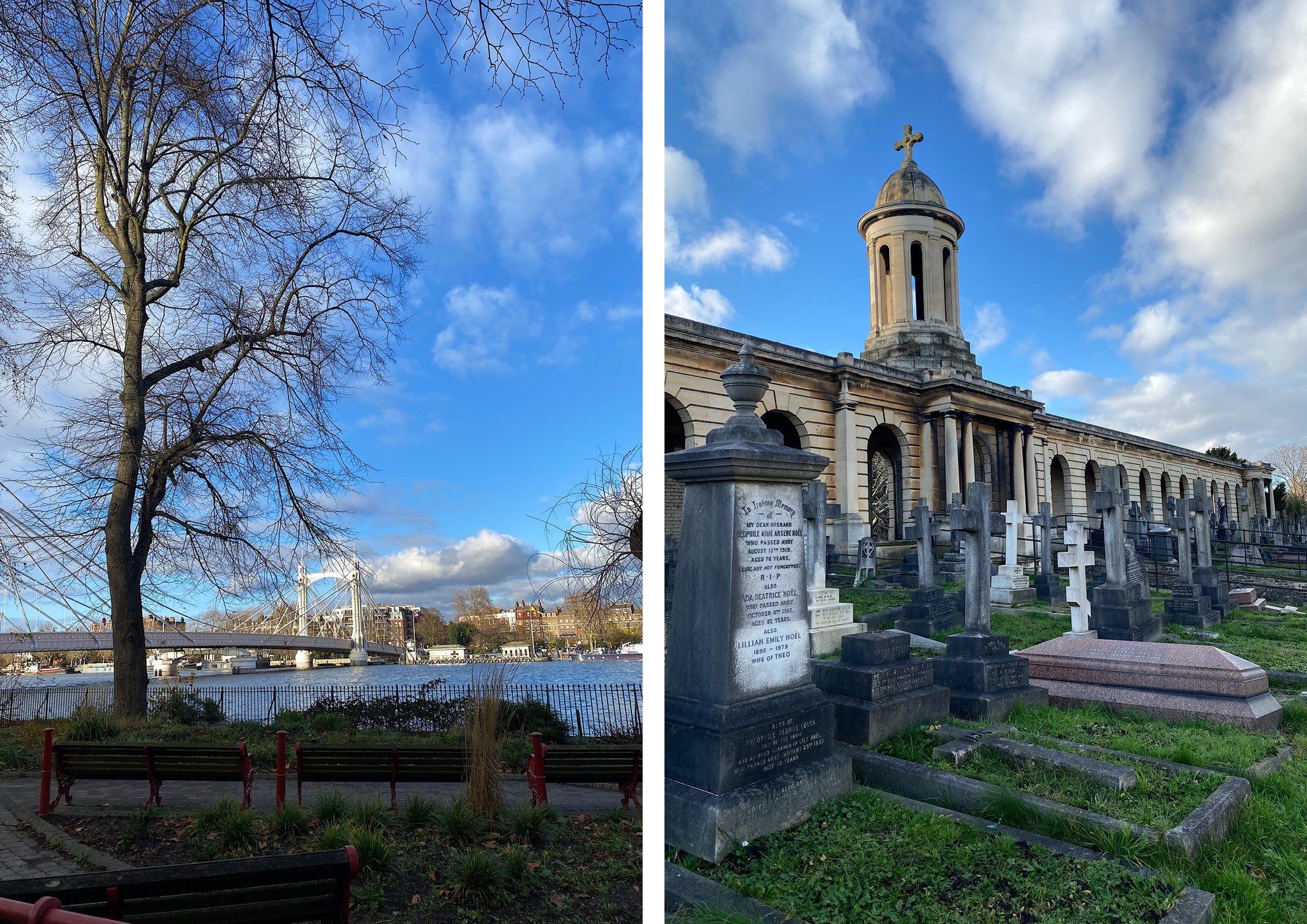 Blue skies against a river and church