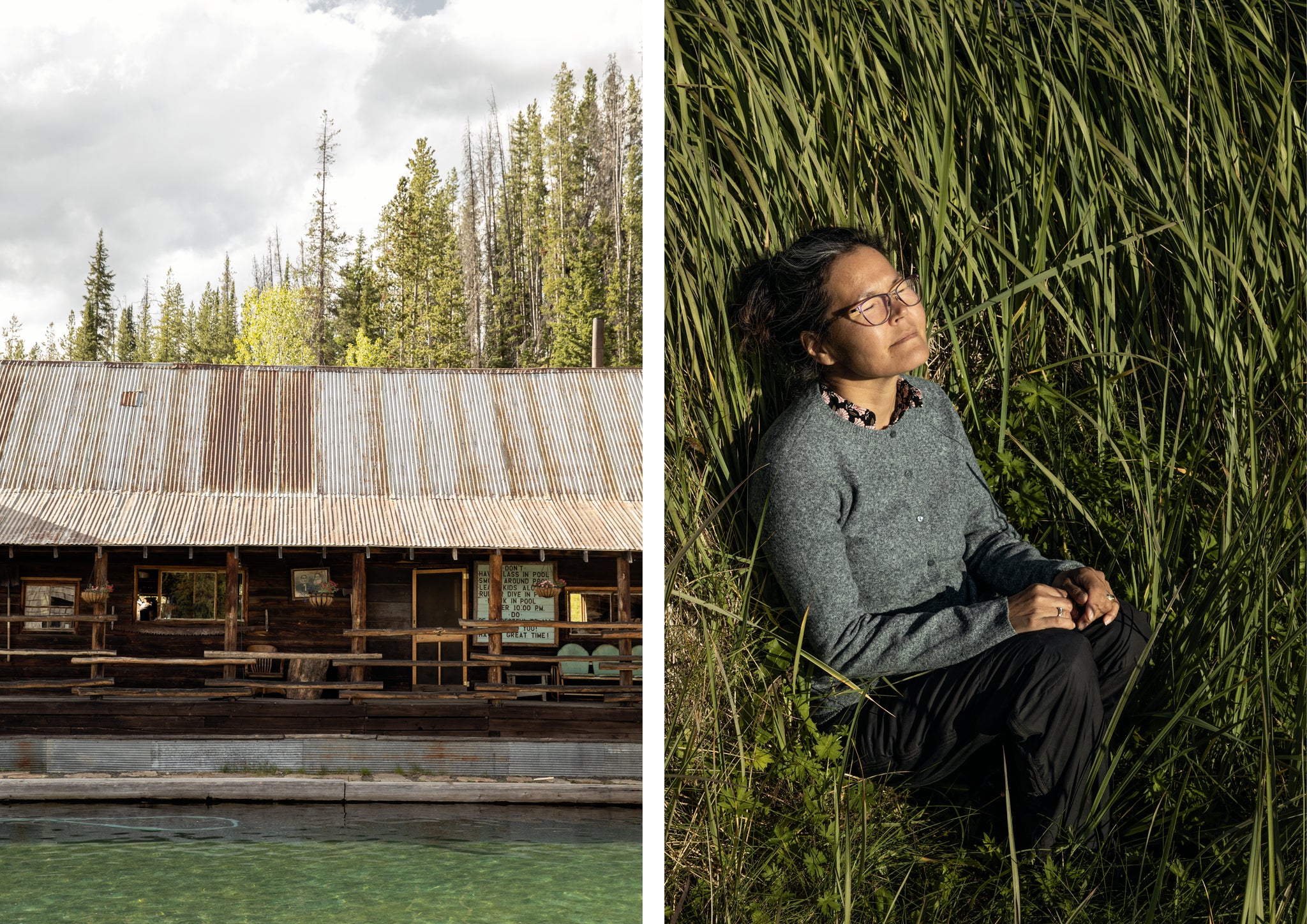 A cabin and a woman smiling in the sun