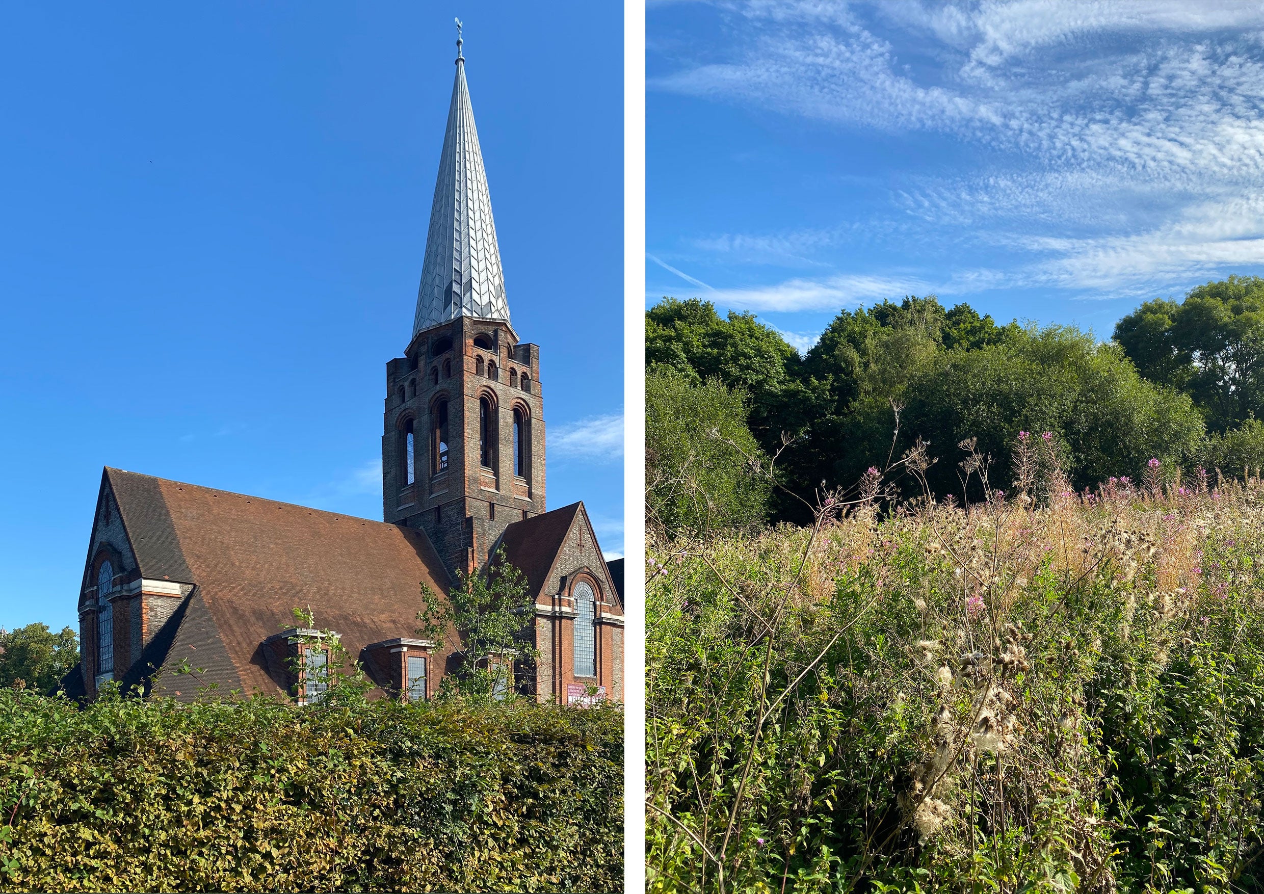 A church against a blue sky and rows of flowers and trees