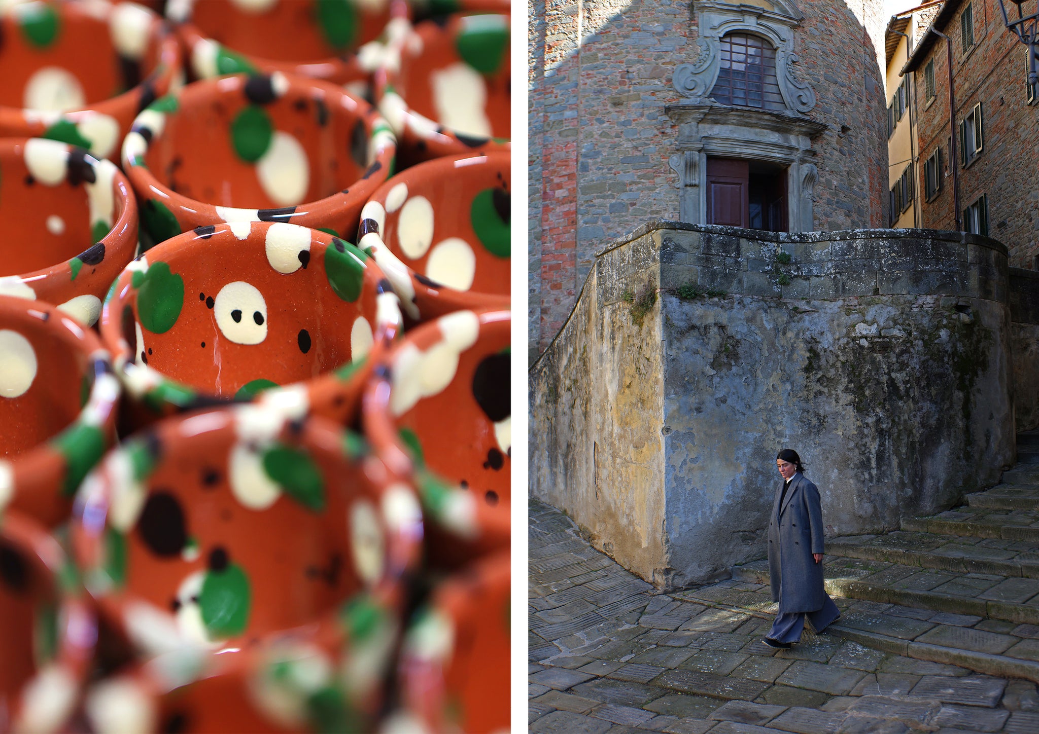 Colourful splatter ceramics, woman walking past a grey building