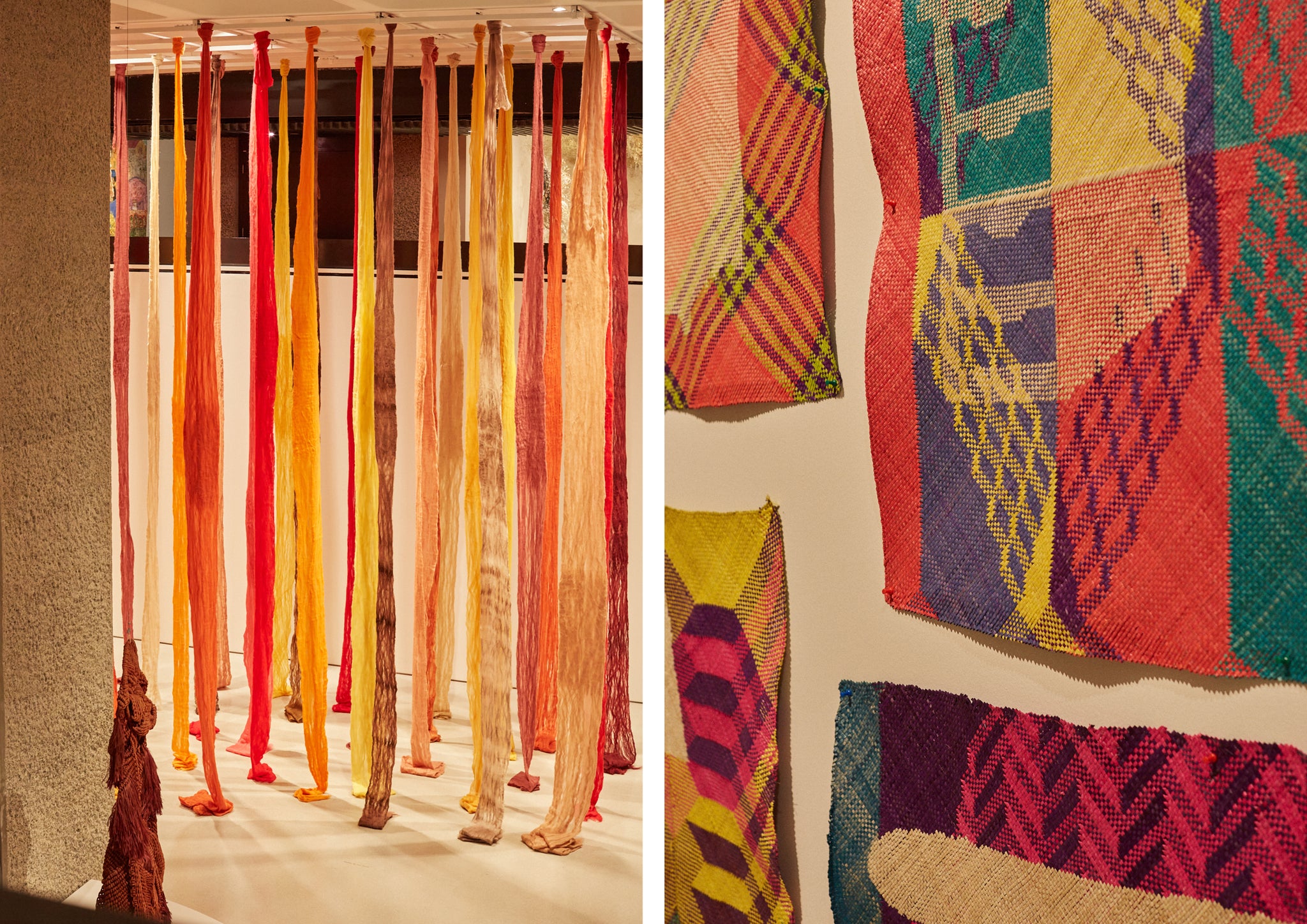 Colourful textiles in a gallery setting.