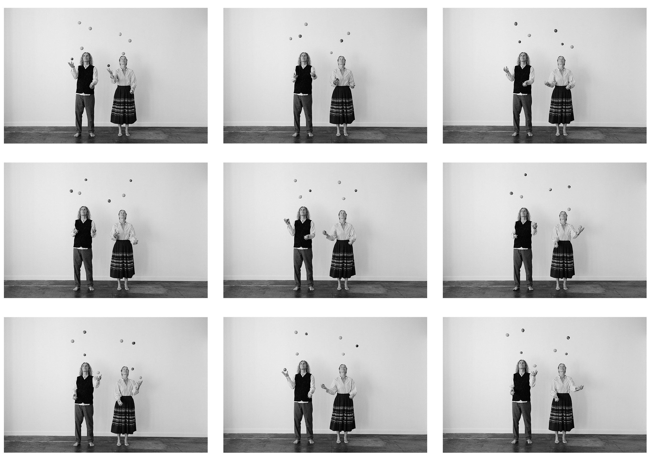 Contact sheet of two people juggling